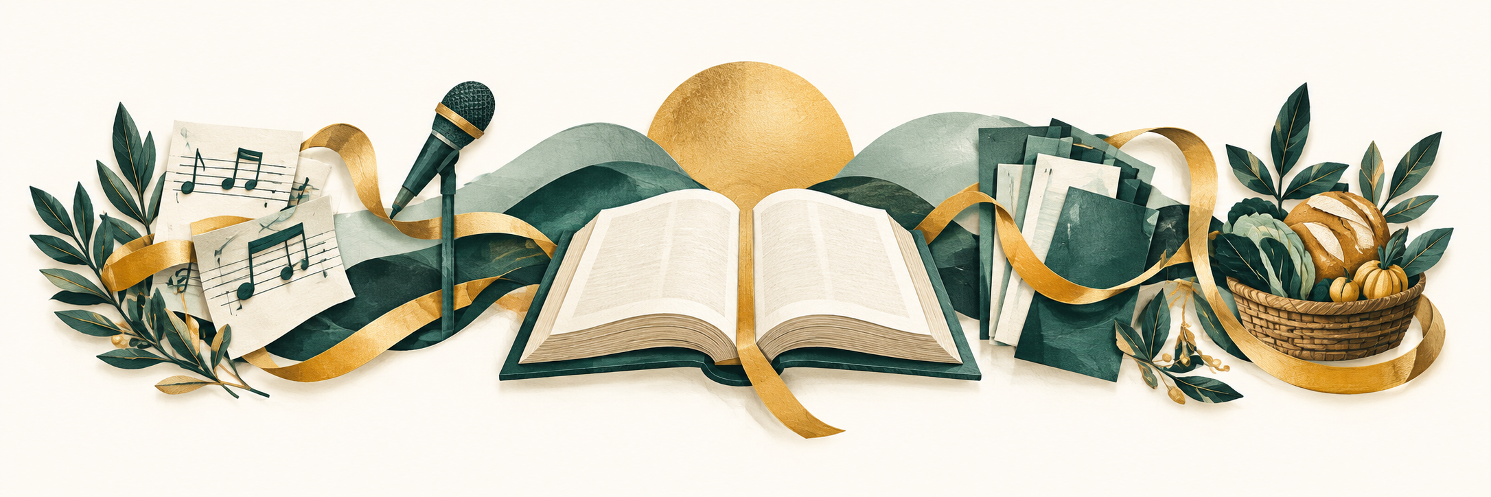 An open Bible connected by a golden ribbon to music, shared resources, and a basket of food, representing ministries serving together